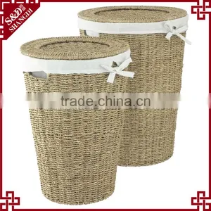 Hotel Used Set of 2 Round Eco-friendly Seagrass Laundry Basket With Cloth Liner thumbnail-1