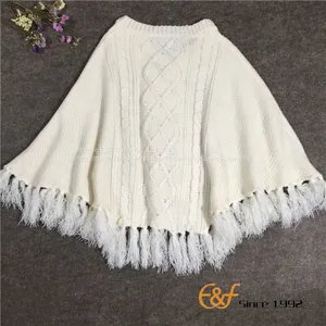 Ladies Crew Neck Tassels White Sweater Cape With Bowknot thumbnail-2