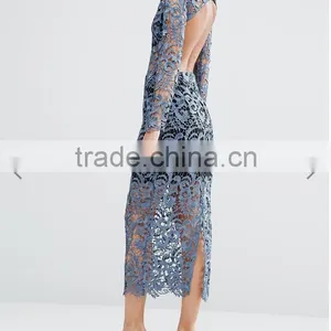 Good Quality Fashion Petrol Blue Bandeau Underlay Kick Split Lace Open Back Dress thumbnail-4