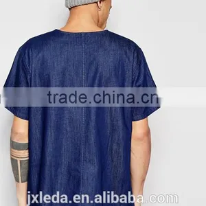 2016 Summer Men Light Weight Short Sleeves Dark Wash Denim T-shirt Custom thumbnail-2