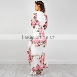 Blouson Long Sleeve Pink White Floral Printed Plus Size Wrap Maxi Long Dress thumbnail-4