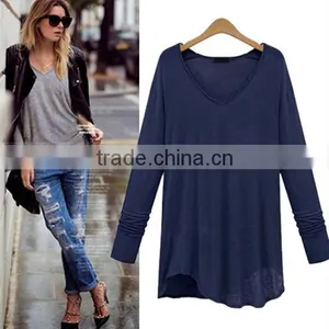 Big Yards Dress Pure Color Long Sleeve V-neck Shirt thumbnail-1