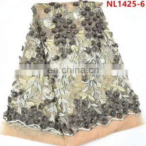 2017 Sky Blue African Lace Fabrics Tulle Beaded Lace , Leaf Design Sequins French Net Lace Fabric thumbnail-6