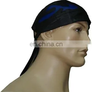 HMB-901C LEATHER SKULL CAP DURAG BLUE FLAME STYLE BIKER SKULLCAP HATS thumbnail-1