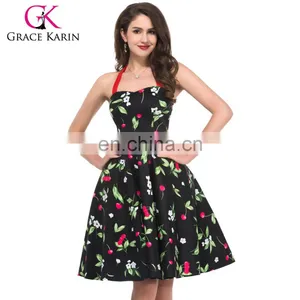 Grace Karin Ladies Halter Plus Size Sleeveless Cherry Printed Vintage Pin Up Vintage Retro Dress CL4595-1# thumbnail-1