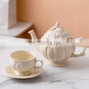 English Luxury Embossed European Style Ceramic Porcelain Tea and Coffee Cup Pot Gift Set thumbnail-2