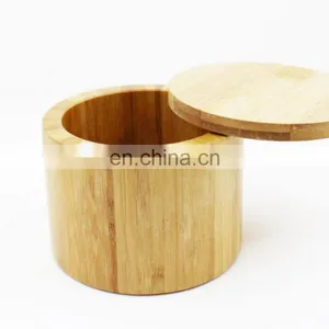 Natural Small Round Bamboo Salt Cellar Herb & Spice Pepper Storage Box With Magnetic Swivel Lid Pantry Organizer thumbnail-2