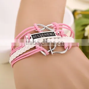 High Quality Double Heart Pink and White Color Braided Leather Bracelet thumbnail-3