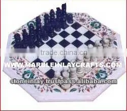 White Makrana Marble Chess Design Inlay Table Top thumbnail-1