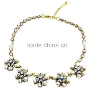 Beautiful Synthetic Pearls and Crystal Unique Flowers Design Necklace thumbnail-1