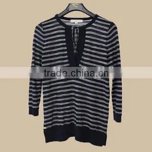 Women Fashion Long Sleeve Knit Wear Ful Cotton Black and White Stripe Pattern With Neck String for Autumn/pullover Sweater thumbnail-1