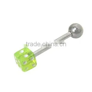 Straight Barbell Set Tongue Ring Surgical Steel With Green UV Acrylic Dice Body Jewelry Piercing thumbnail-1