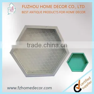 Wooden Hexagon Wall Shelf With Metal Mesh /chrome Wire Shadow Box thumbnail-1