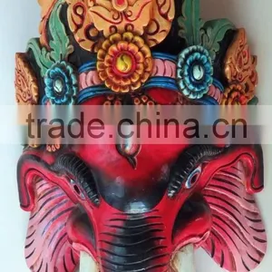 Hand Crafted Wooden Mask of Hindu Lord Ganesh Wall Hanging Made In Nepal thumbnail-1