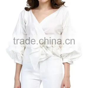 2017 New Fashion Solid Tie Belt Puff Sleeve Tops thumbnail-2