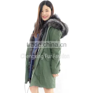 CX-G-P-04 Wholesale Winter Real Silver Fox Fur Lining Army Green Fur Parka Coat thumbnail-4