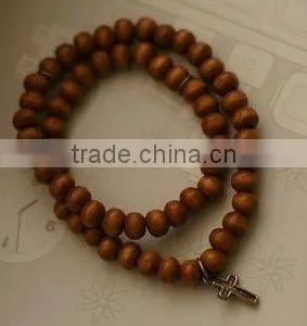 Brown Wood Bead Bracelet Vintage Cross Charm Bracelet Religious Jewelry thumbnail-1