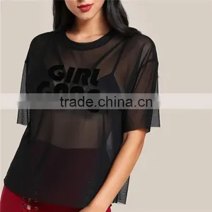 2017 Customized Factory Round Neck Tunic Flock Print Mesh Top thumbnail-3