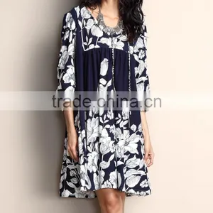New Fashion Women Dresses With Navy Floral Tie-Front Tunic Dress Women Casual Dress Women Clothing GD90426-17 thumbnail-1
