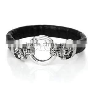 Custom Fashion PU Leatheroid Bracelets Black Skull Halloween Clasp 22cm X1.6cm2 PCs thumbnail-1
