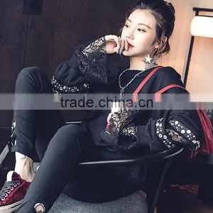 B22679A Korea Women Lace Stitching Nail Bead Blouse Hoodies thumbnail-1