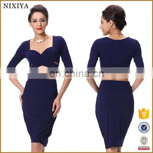 Wholesale Rayon Fabric New Fashion Navy Blue Party Skirt Two Pieces Woman Apperal thumbnail-1