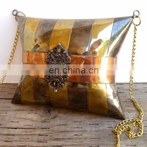 Vintage Brass and Copper Metal Cocktail Pillow Purse Ladies Handbag With Chain Strap thumbnail-1