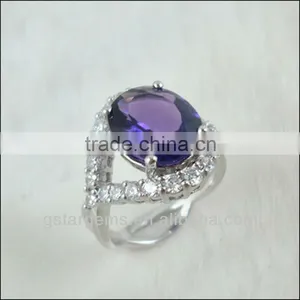 925 Sterling Silver Natural Gemstone Amethyst Rhodium Plated CZ Ring thumbnail-1