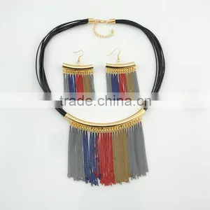 Fashion Leather Choker Necklace Witn Metal Tassel Earrings Costume Jewelry Set Supplier's Choice thumbnail-3