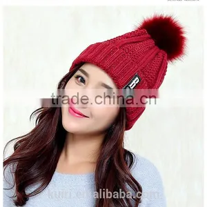 Logo Design Accept Woman Winter Warm Plush Thicken Winter Beanie Knit Hat With Fur Poms thumbnail-3