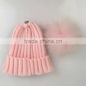Myfur Baby Pink Removable Real Dyed Raccoon Fur Pom Poms Crochet Hat thumbnail-2