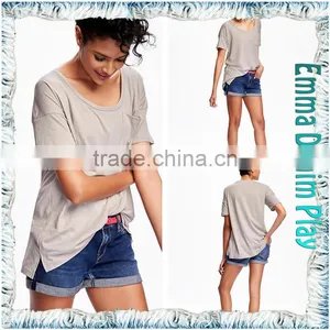 New Stylish Unique Design Front Pocket Girl's Grey Cotton Boat Neck Tee Shirts thumbnail-4