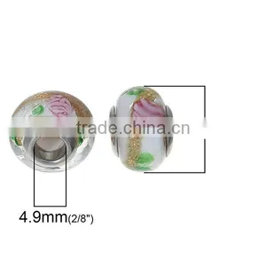 Lampwork Glass European Style Large Hole Beads Round Multicolor Flower With 304 Stainless Steel Silver Tone Core thumbnail-2