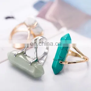 Latest Design Unisex Rocker Hexagon White Textured Crystal Quartz Wand Double Terminated Point Ring thumbnail-1