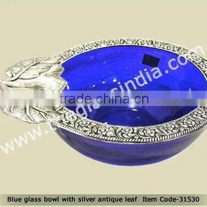 Glass Decoration--Blue Glass Bowl With Silver Antique Leaf thumbnail-1