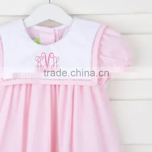 New Style Smocked O Neck Dress 2017 Hot Sale Casual Short Sleeve Button Back Baby Dress for Boutique Kids Clothing thumbnail-6