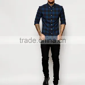 Man Skinny Shirt in Navy Buffalo Check With Long Sleeves thumbnail-4