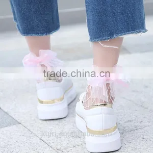 WS-23 2017New Hot Women Ruffle Large Fishnet Ankle High Socks Bow Tie Hollow Out Thin Mesh Lace Fish Net Short Socks thumbnail-1