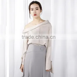 2017 Autumn New Style Chiffon Sexy Collar Diagonal Shoulder Long Sleeve Fashion Blouse Chiffon Shirt thumbnail-1
