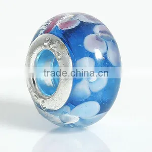 Round Silver Plated Core Flower Pattern Blue Transparent Lampwork Glass European Style Large Hole Charm Beads thumbnail-1