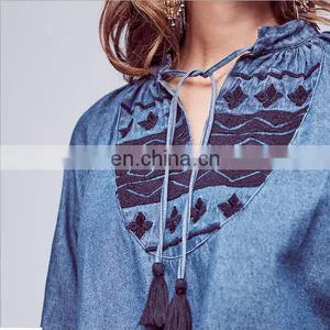 J0831 New Arrival Fashion Vintage Ethnic Embroidery Womens' Denim Shirt thumbnail-2