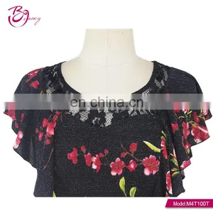 One Piece Two Color Floral Lurex Mesh Print Irregular Sleeve Casual Blouse for Middle Age Woman thumbnail-5