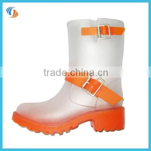 New Women White With Orange Buckle Straps PVC Transparent Rain Boots thumbnail-1