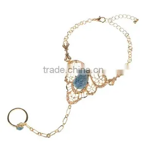 Womens Gold Slave Chain Finger Ring Bangle Hand Harness Bracelet Turquoise Beads thumbnail-4