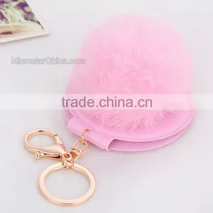 Promotional Gift 8cm Real Rabbit Fur Pocket Makeup Mirror Keychain thumbnail-2