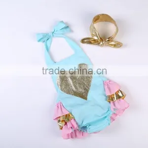 2016 Hot Selling Ruffle Rompers Set Baby Sparkle Heart Bubble Romper With Headhand Boutique Kids Summer Clothes Jumpsuit thumbnail-2