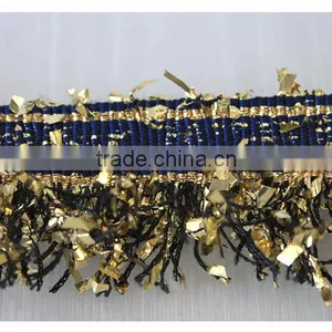 China Fancy Novelty Metallic Blue Tape With Gold Lurex Tassel Fringe Trim thumbnail-3