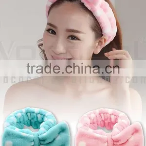 2 Pcs Flannel Women Elastic Bowknot Towel Headband Hairlace for Face Washing Makeup Cosmetic Shower Pink and Blue thumbnail-6