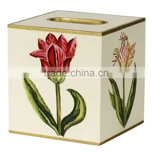 Tissue Box Cover Square Wood Bathroom Accessories Dispenser Wooden Tissure Box Holder Blue Floral CN thumbnail-2