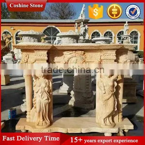 Stone Carved Marble Fireplace, Yellow Marble Fireplace Surround thumbnail-1